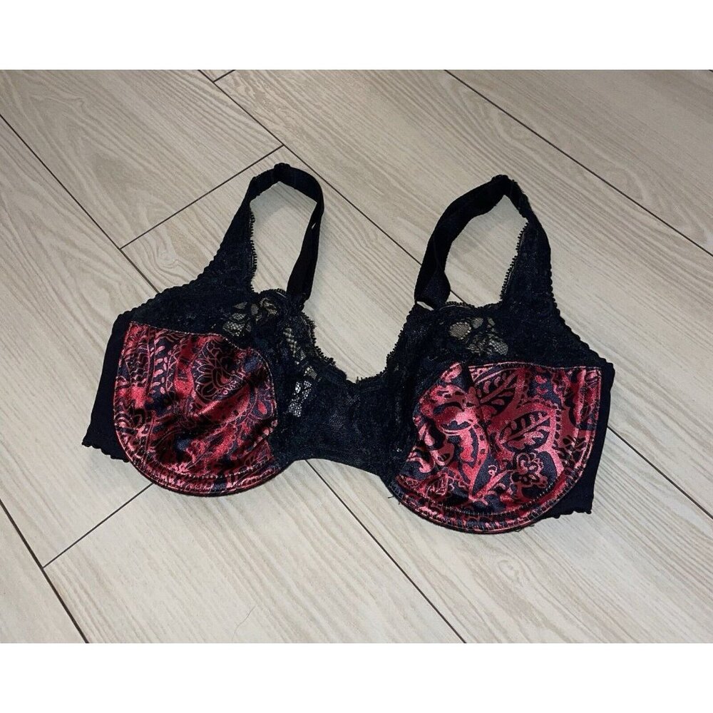 Lunaire 10111 Satin Lace Unlined Underwire Bra Floral Womens 32C Black Red